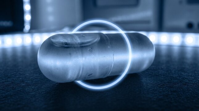 Translucent cylindrical bead with glowing ring light reflection on dark surface
