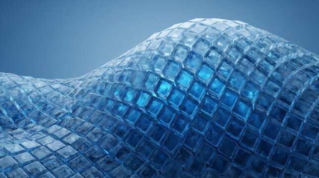 Translucent blue glass voxel dome structure against clear sky