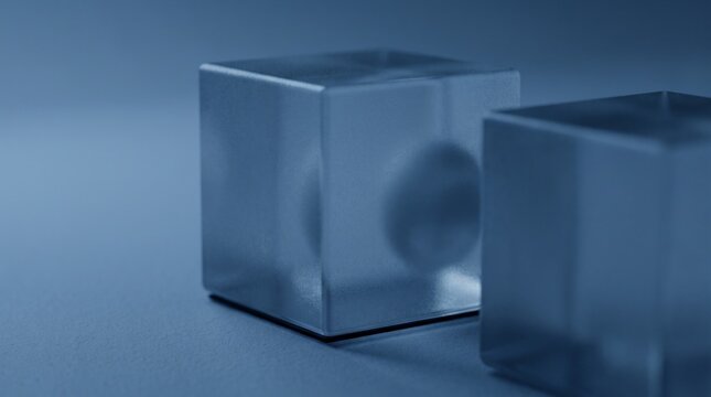 Translucent glass cubes with water droplet suspended in blue light