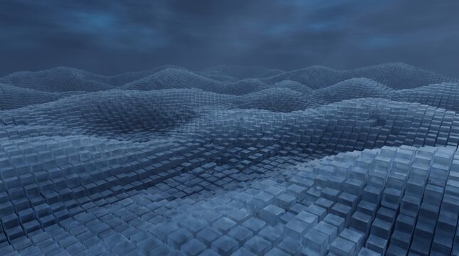 Abstract blue voxel landscape with translucent modular geometry