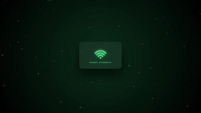 A dark green UI card showcasing a glowing green wireless Wi-Fi signal strength icon with clear text label