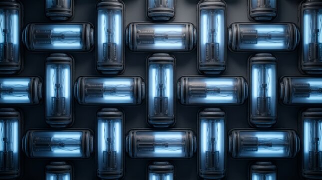 Illuminated glass tubes arranged in geometric grid pattern with blue light