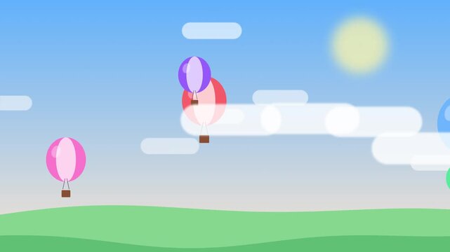 Colorful hot air balloons float slowly across sunny blue sky with soft white clouds in 2d flat vector animation