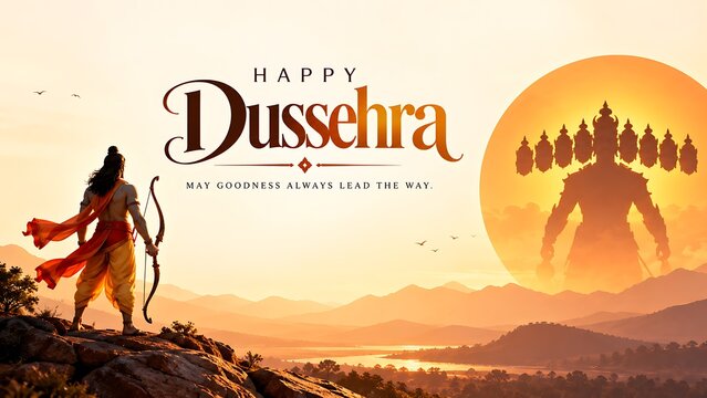 Lord rama holding a bow aiming at ravana silhouette during dussehra celebration