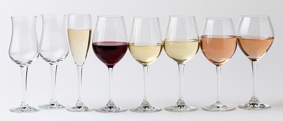 Obraz premium Seven wine and champagne glasses in a row filled with different colored wines against a white background