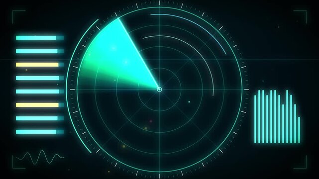 Digital radar screen with rotating scan line showing abstract data points on dark background motion graphic