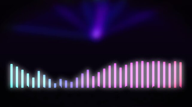 Digital sound wave equalizer displaying vibrant neon frequencies on a dark concert stage background clip