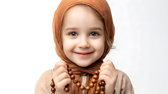 Little girl in headscarf holding prayer beads smiling against white background