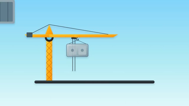 Animated industrial crane lifting and moving a heavy block.