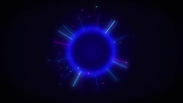 Futuristic neon equalizer circle pulsing with light on dark background creating dynamic motion graphics