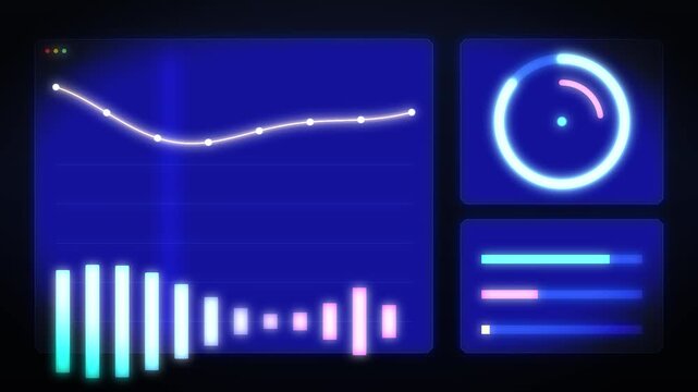 Futuristic UI dashboard interface display with neon line charts and audio waves moving on dark background