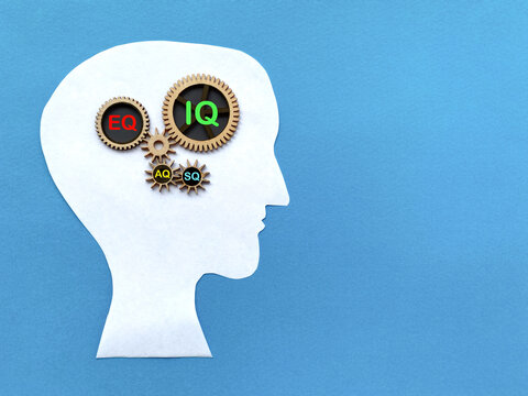 Four Types of Intelligence IQ EQ AQ and SQ with Gears on Human Head Silhouette Concept 