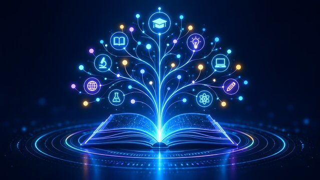 Open Book With Glowing Digital Education Knowledge Tree And Technology Icons