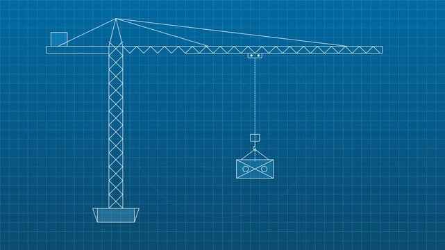 Blueprint Animation of a Tower Crane Lifting a Container on a Blue Grid Background.