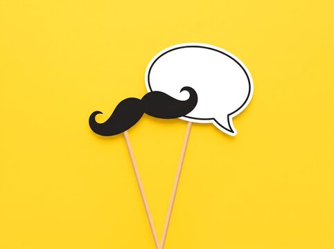 Black paper mustache and white speech bubble on a bright yellow background
