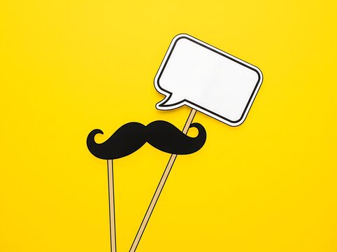 Black paper mustache and empty speech bubble on a bright yellow background
