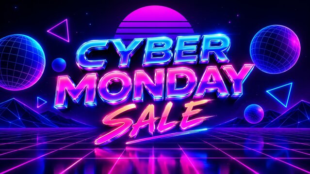Cyber Monday sale synthwave landscape with wireframe grid floor and neon sunset