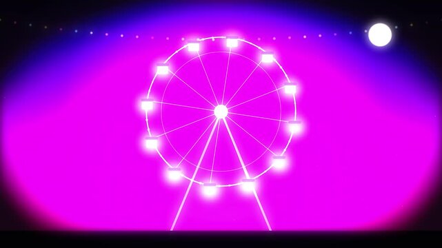 Minimalist illuminated ferris wheel rotating on vibrant purple background with starry sky and bright moon