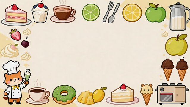 Cute Cartoon Chef and Dessert Border Illustration for Menu or Educational Use