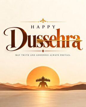 Happy dussehra card with ravana silhouette over sunset water landscape dussehra festival