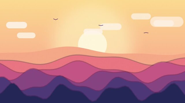 Minimalist mountain landscape with animated birds flying across sunlit hills during peaceful golden hour light