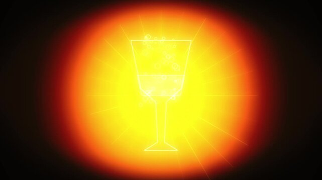 Minimalistic outline champagne glass with rising bubbles on glowing orange sun background motion graphic art