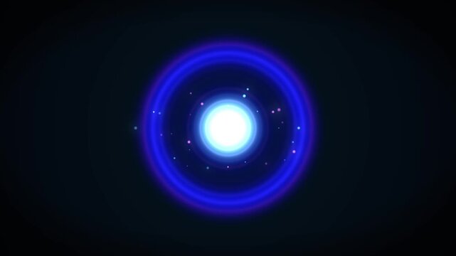 Neon blue light core pulsing with circular waves and rotating particles in deep dark space motion background