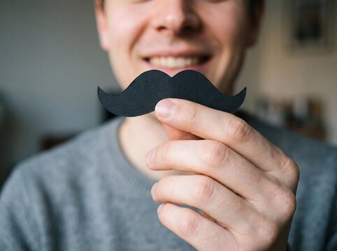 Man playfully holds a paper mustache up to his smiling face indoors