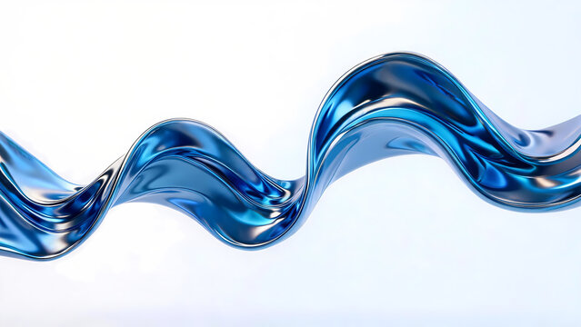 Blue metallic fluid with wave pattern on clean white background, high gloss reflective surface