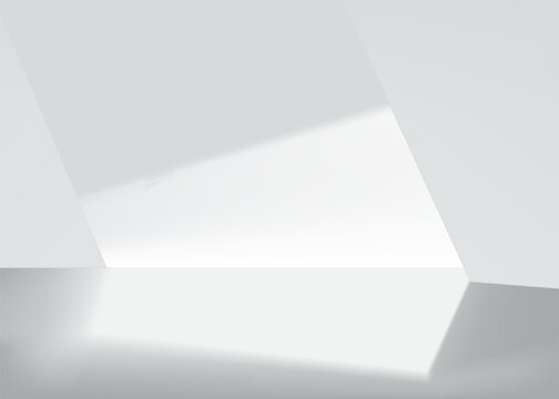 White background with modern abstract architecture, geometric with bright light and soft shadow on grey wall and floor, Minimal empty interior space for winter product display,Vector banner and design
