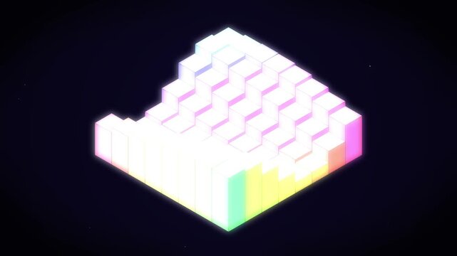 Neon illuminated digital cubes moving in a rhythmic pattern against dark space background for motion graphic art