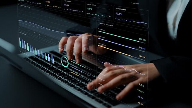 Hands type on a laptop. Business performance is examined through revenue, margins and capital returns, while liquidity and cost measures add context for financial decisions and forecasts.