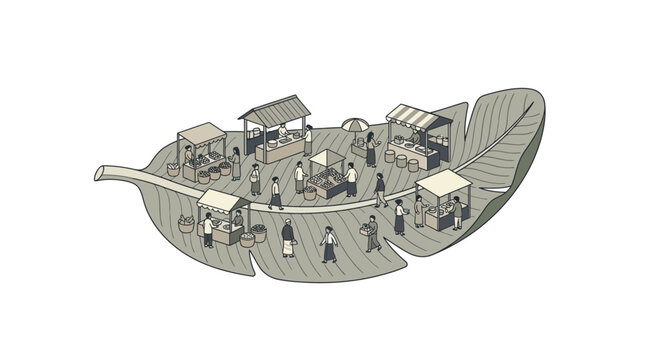 Traditional outdoor market stalls on a large green leaf