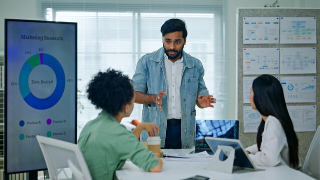 Group of young creative business brain storm meeting presentation,discussing roadmap to product launch, planning,strategy,new business development,working with new startup project in office.