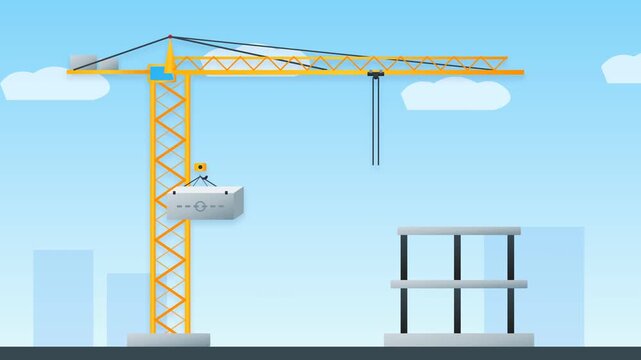 Construction site with a large yellow crane lifting a building section illustrating urban development and engineering progress.