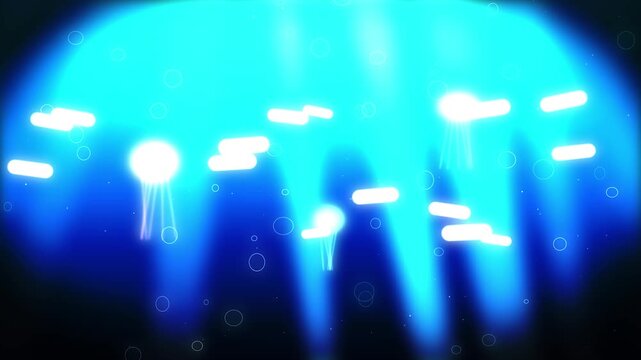 Neon jellyfish dance in glowing deep blue ocean with bright beams of light