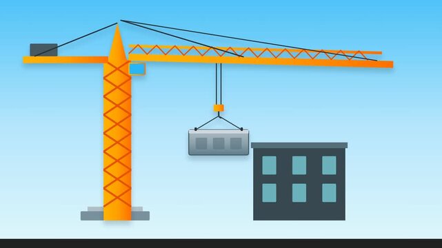 Construction site with crane lifting building materials animated flat illustration.