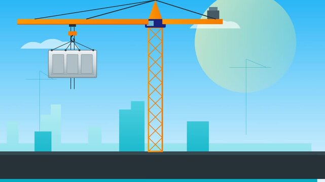 Construction Site with Crane Lifting Materials Under a Blue Sky.