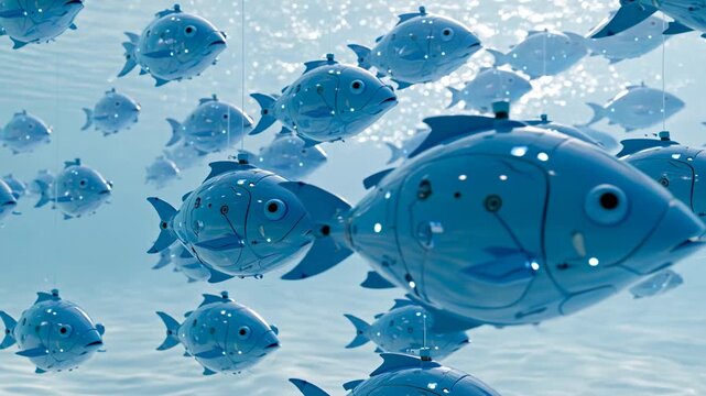 Blue robotic fish floating and hanging underwater with shiny reflections futuristic aquatic technology scene full of calm