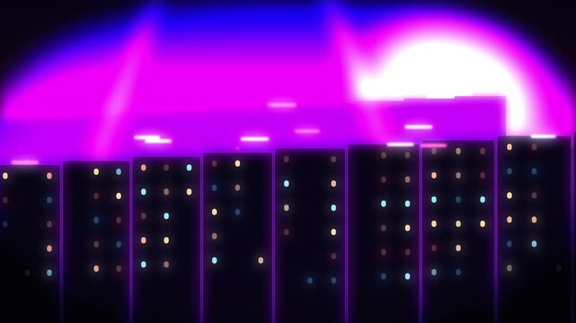 Retro synthwave city skyline with glowing skyscrapers and vibrant neon sunset in nostalgic eighties visual