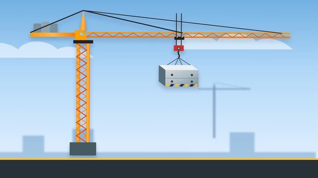 Construction site with tower crane lifting a server rack symbolizing cloud computing infrastructure development.