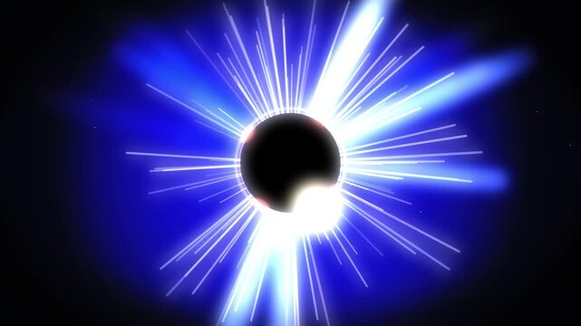 Solar eclipse with bright white glowing corona effect rotating slowly against dark deep space cinematic background