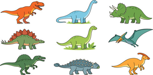Cute Cartoon Dinosaur Vector Icon Set Featuring Tyrannosaurus Rex Triceratops Stegosaurus and Pterodactyl for Children Educational Books Gaming Assets and Kids Sticker Designs © MDSAROWARHOSSAIN