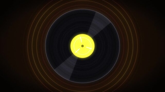 Spinning vinyl record with yellow label and orange sound waves on dark background in minimalist motion style