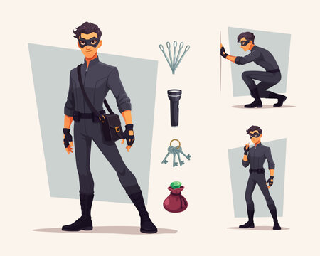 Professional Thief Character Set with Tools and Stealthy Poses