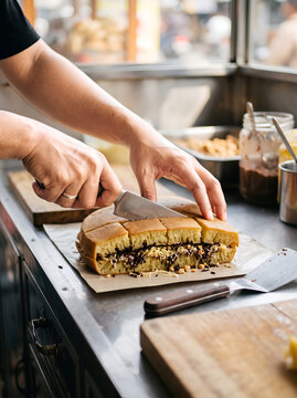 Hands cutting freshly prepared sweet martabak on a work surface, with chocolate, cheese, and nut filling visible between the golden cake layers.