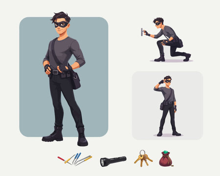 Young Male Thief Character Set with Tools and Poses for Animation