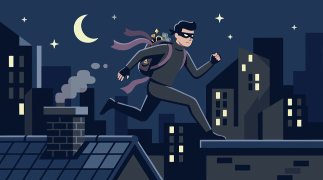 Masked Thief Escaping Across City Rooftops With Stolen Loot At Night