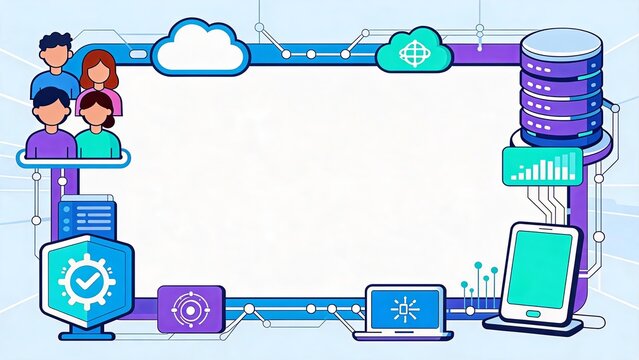 Flat illustration of cloud computing and digital infrastructure with connected devices and security icons