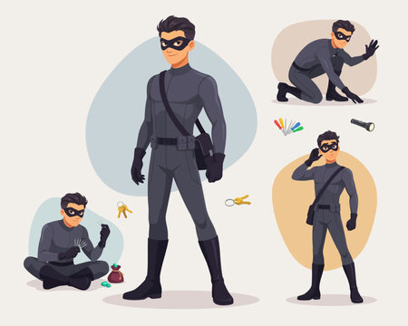 Professional Thief Character Set Featuring Stealthy Poses and Equipment